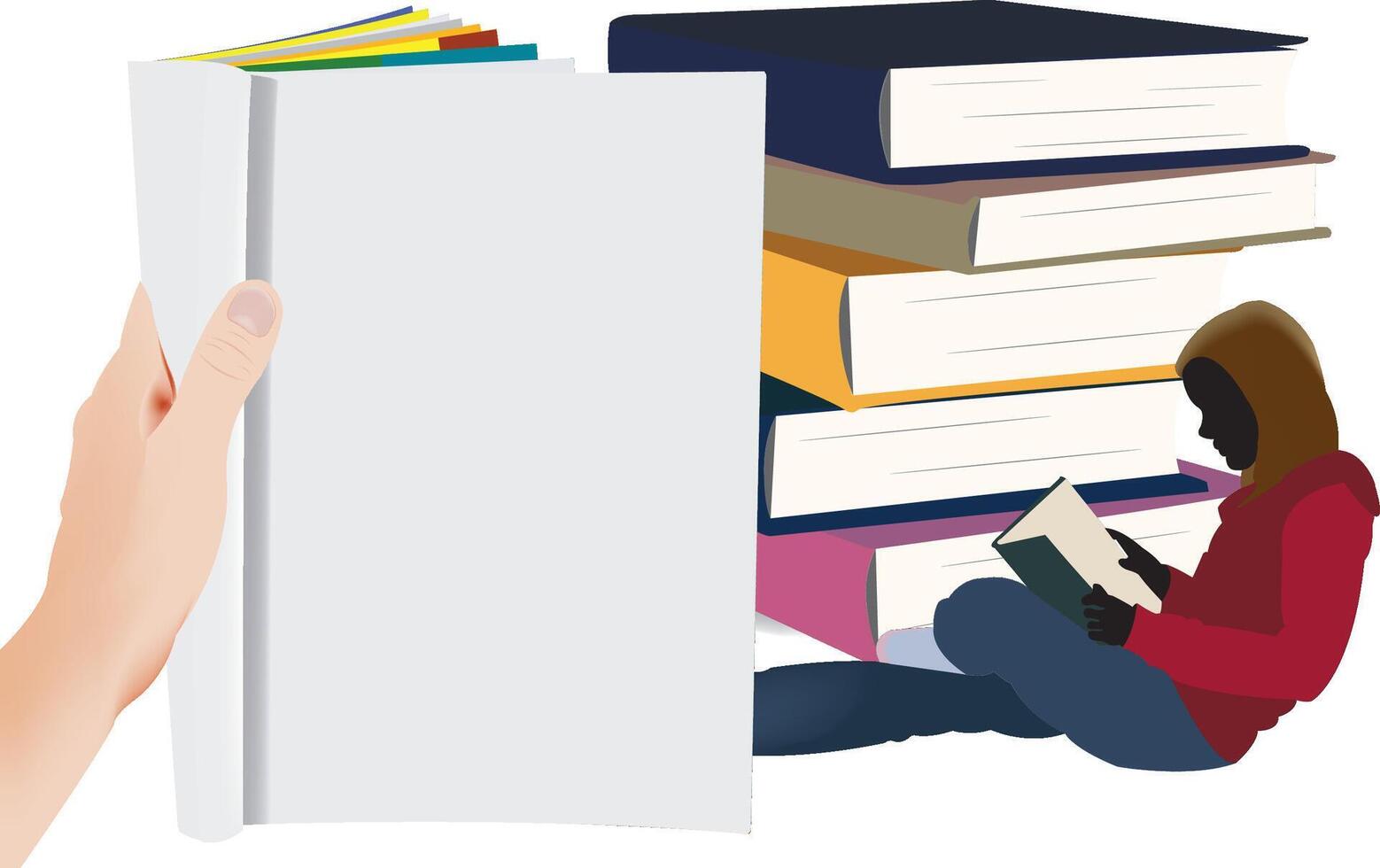 Hand opening a book near a student reading next to a pile of books vector