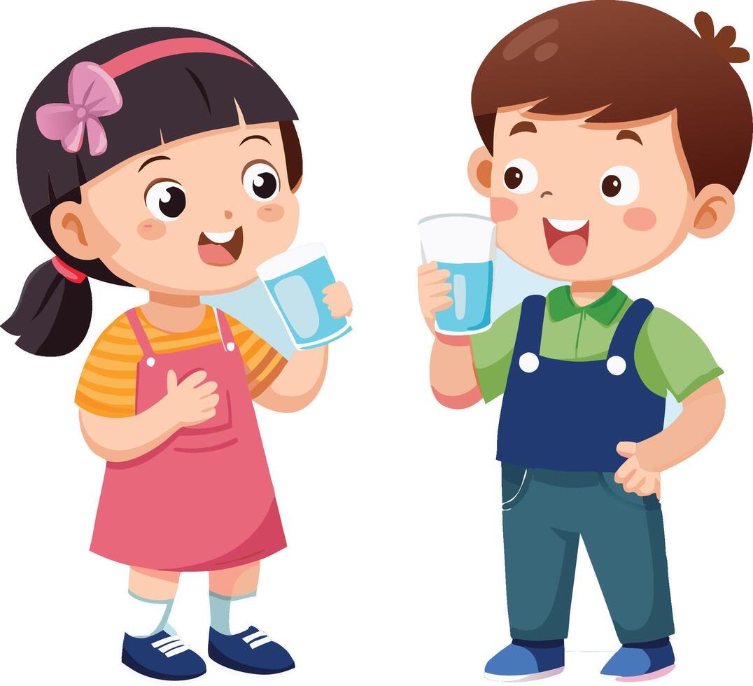 Happy children smiling and drinking water from glasses vector
