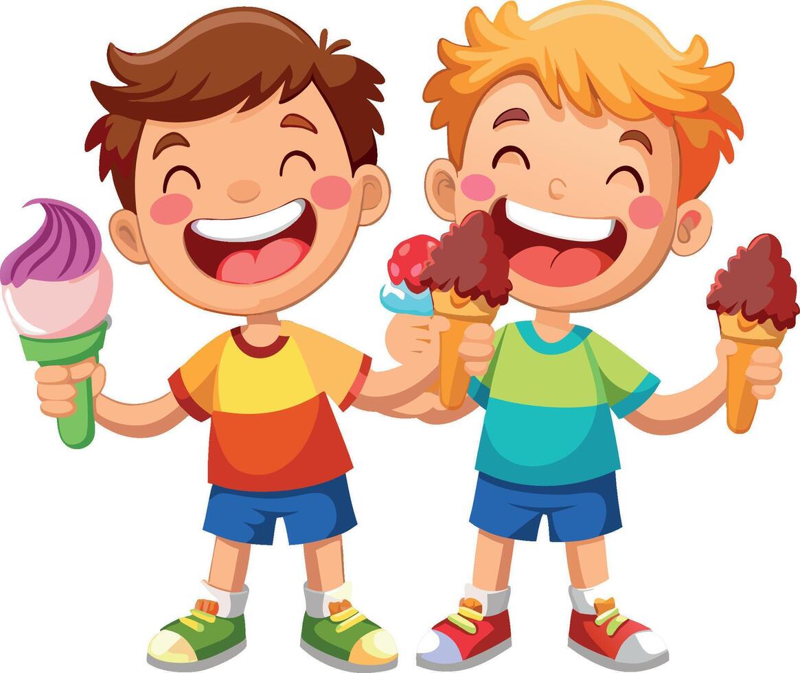 Two happy boys holding ice cream cones and smiling vector