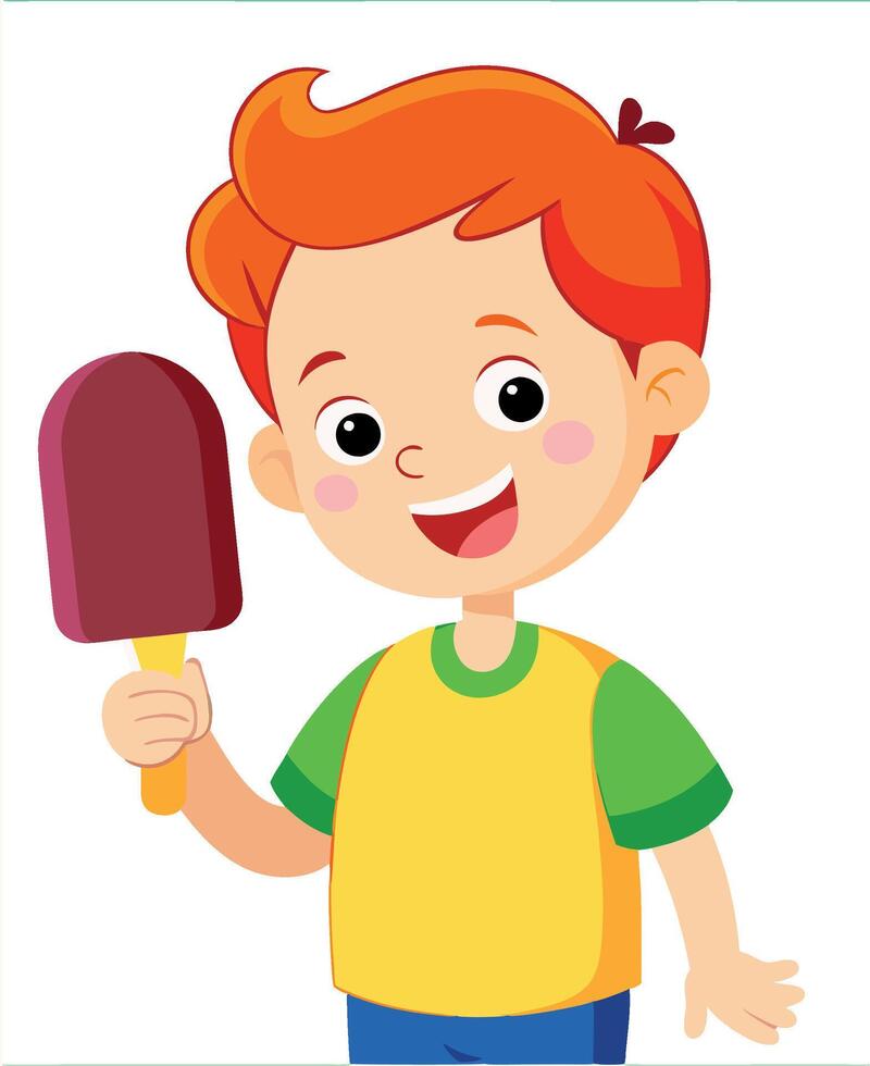 Happy boy holding popsicle smiling at viewer vector