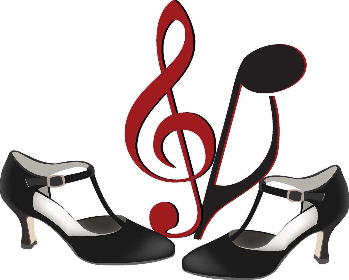 Pair of black dancing shoes and music notes symbolizing dance vector