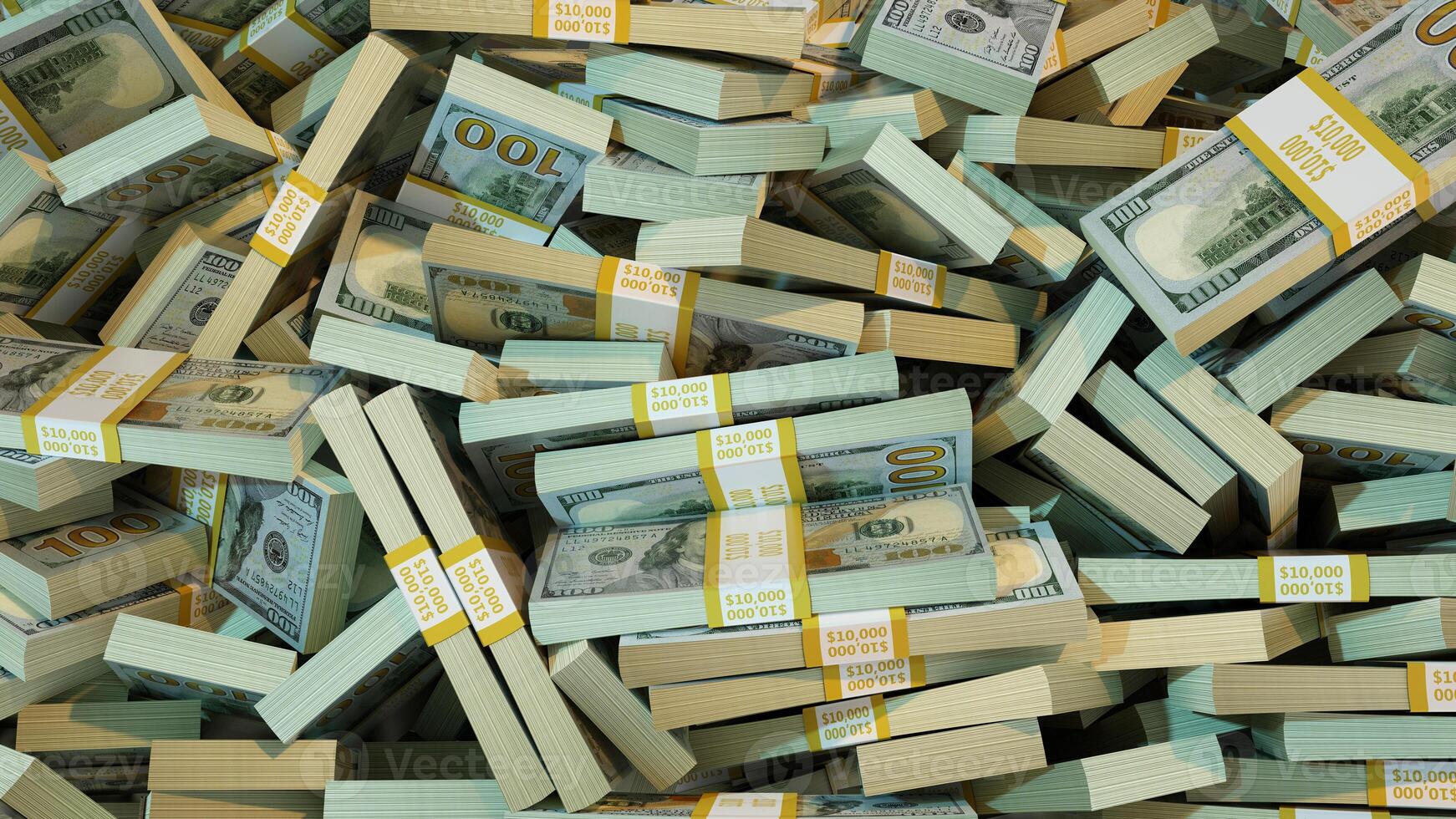 3D rendering of pile of stacks of 100 us dollar notes spread on screen surface. money dollars isolated on a white background photo