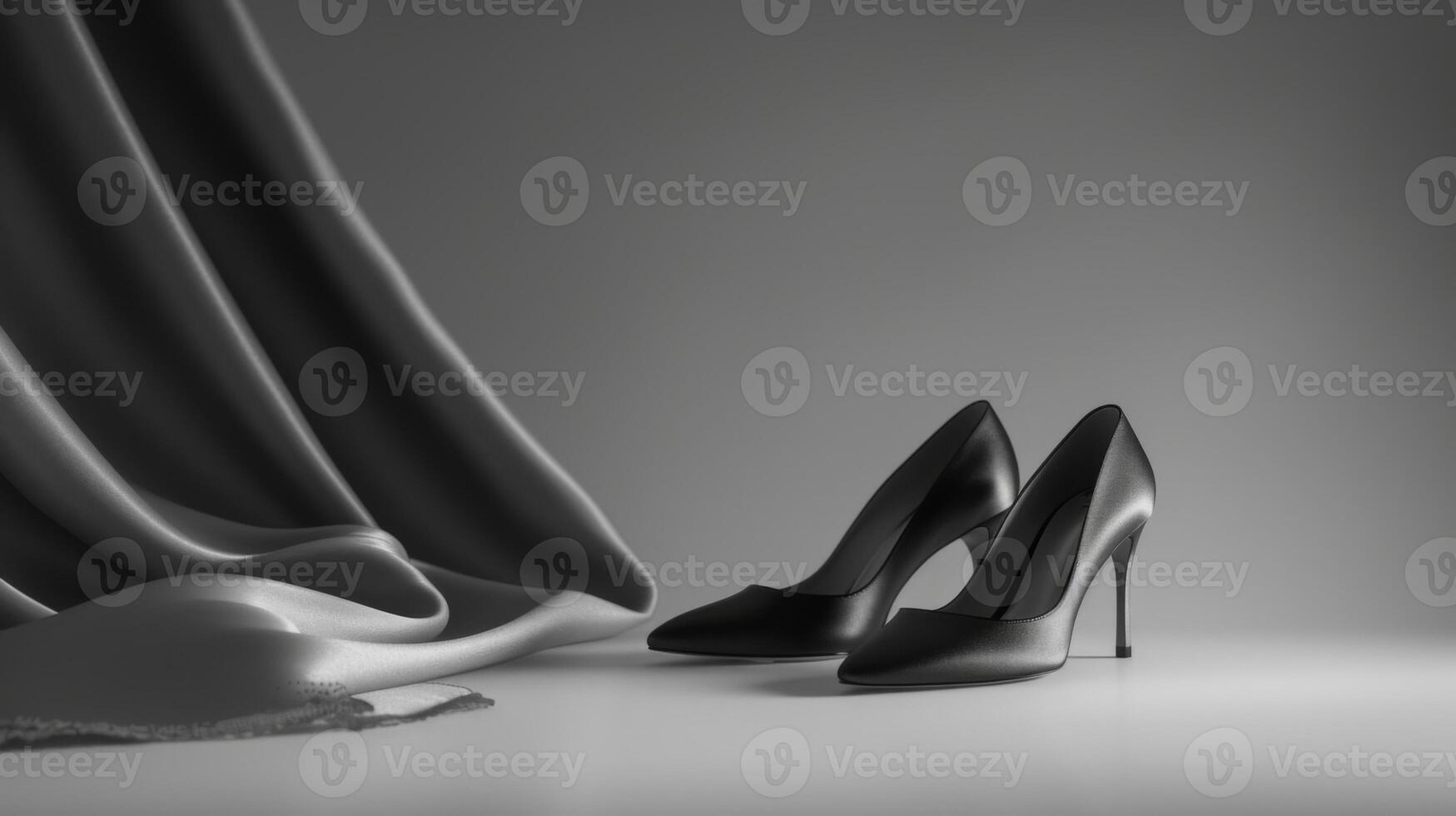 A chic pair of high heels in satin finish rests elegantly next to soft, draped fabric, highlighting their sleek design and fashionable appeal in a minimalist environment photo
