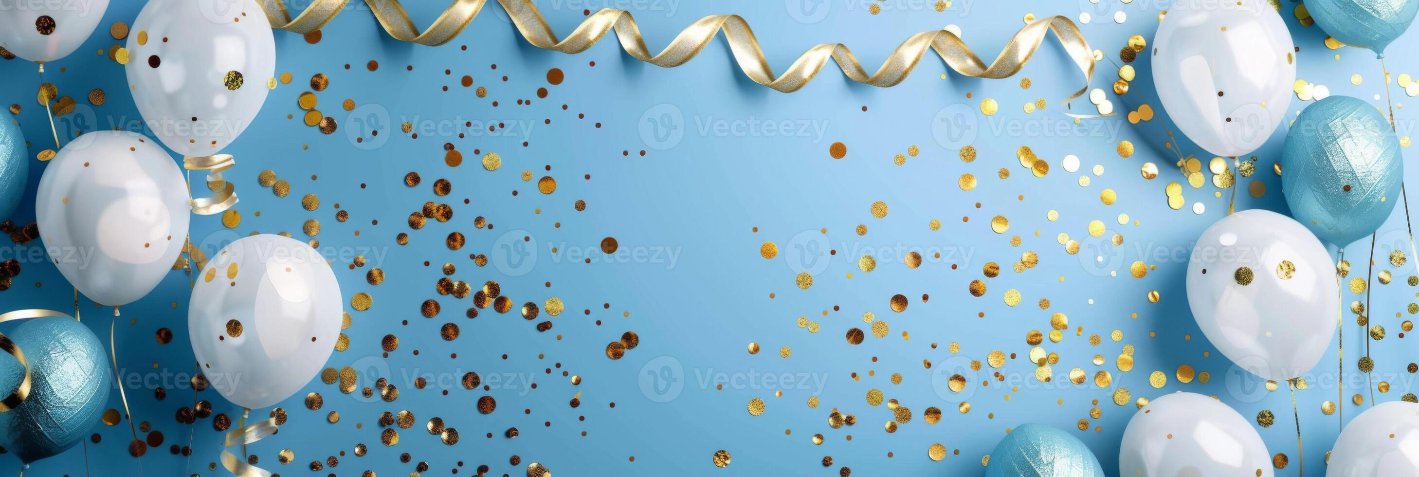 Balloons in white and teal are scattered around a vibrant blue backdrop, accompanied by shimmering confetti and curling ribbons, creating a joyful festive atmosphere photo