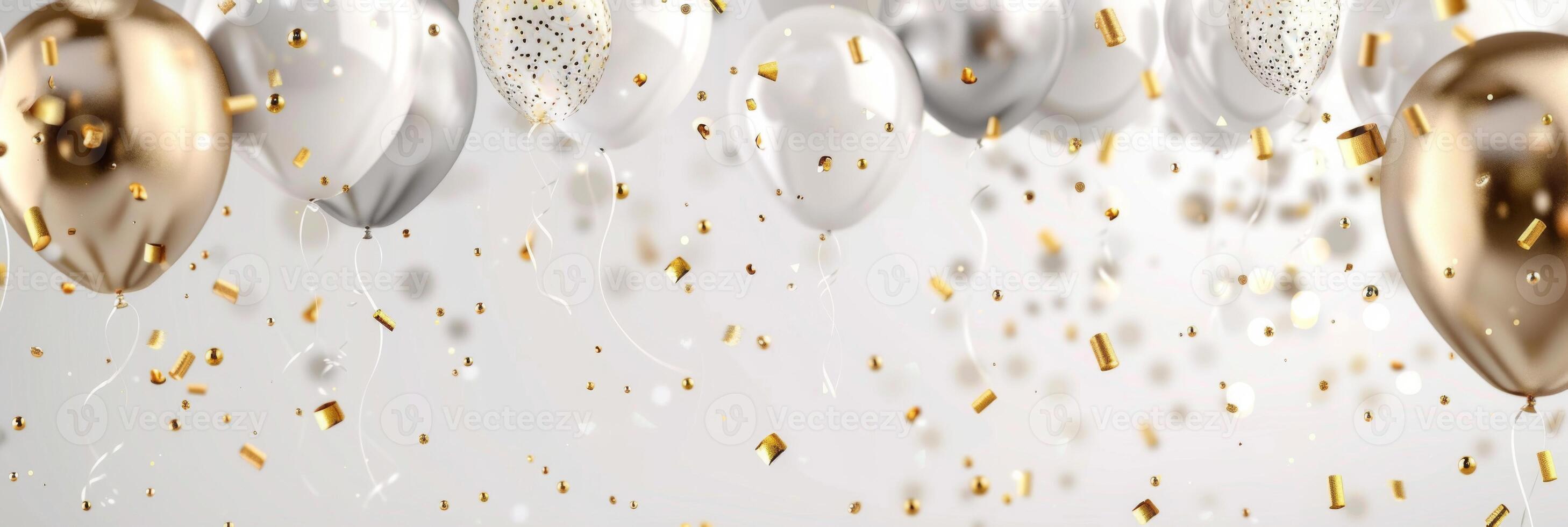 Colorful balloons in gold and silver float gracefully with shimmering confetti falling, evoking a festive spirit ideal for celebrations or parties photo
