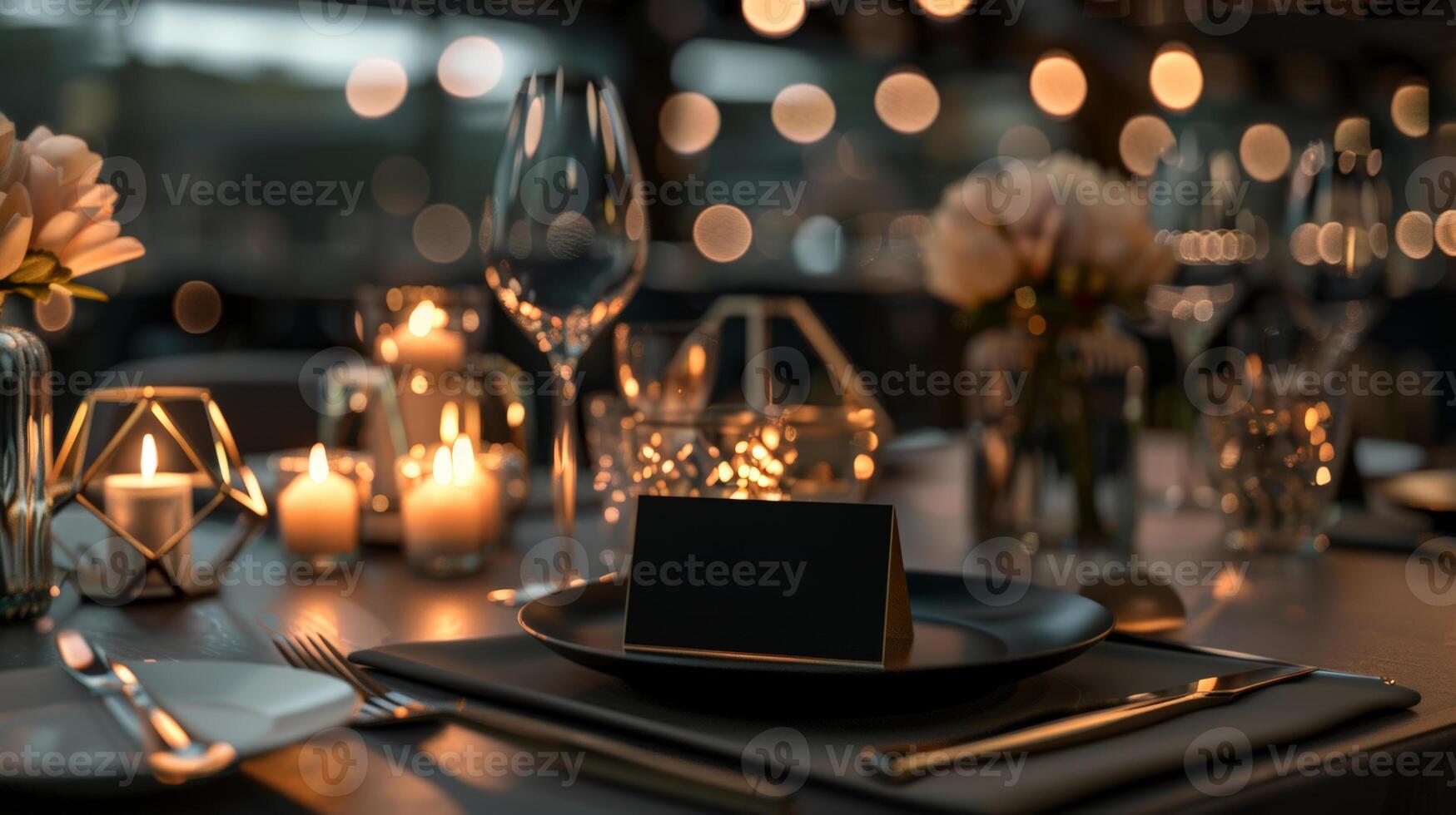 A warm and inviting dining table awaits guests, adorned with flickering candles, delicate flowers, and glimmering glassware in a romantic atmosphere photo