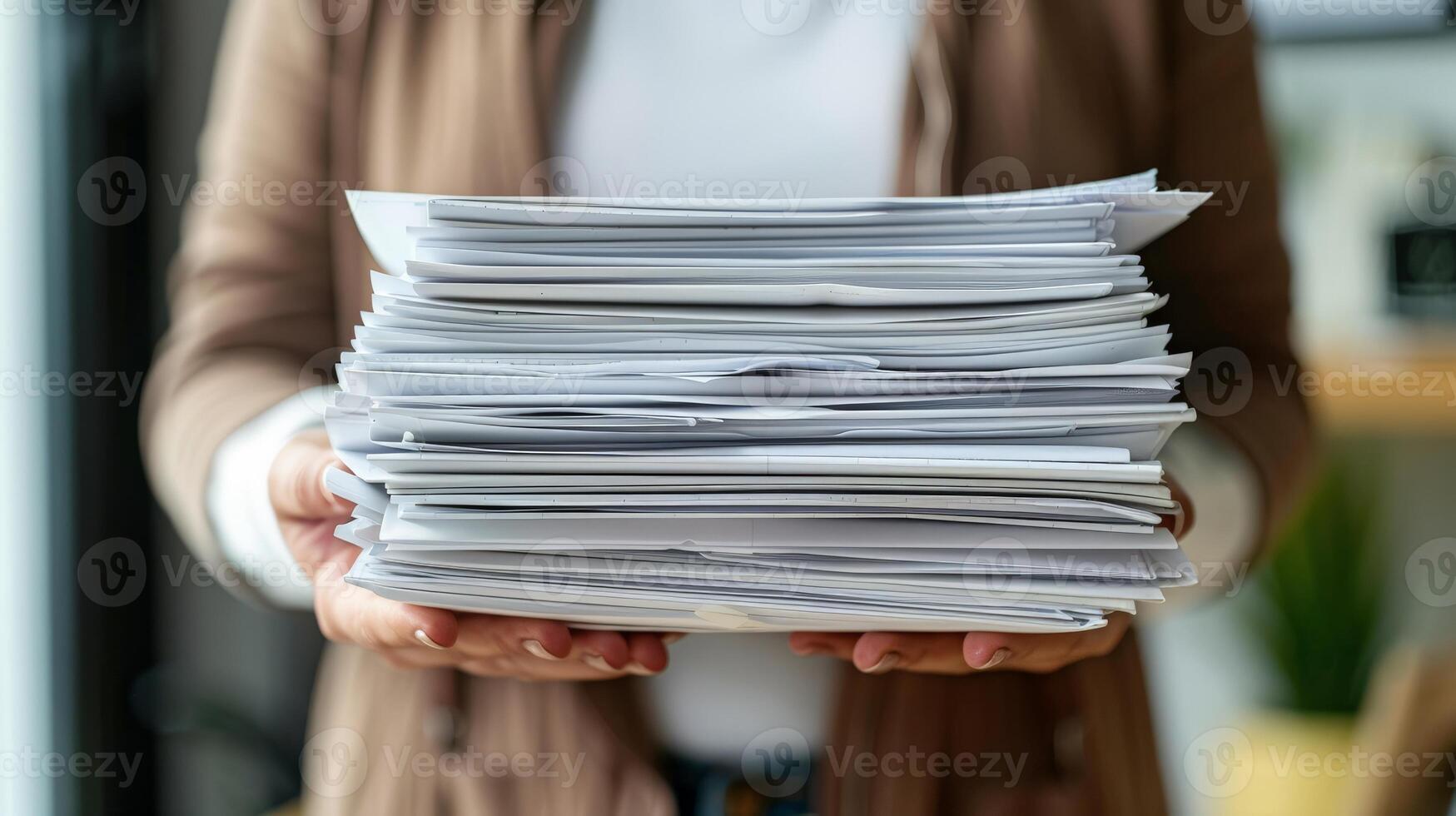 A person stands indoors, carefully balancing a tall stack of papers, ready to tackle work tasks amid a cozy, sunlit workspace adorned with plants and office supplies photo