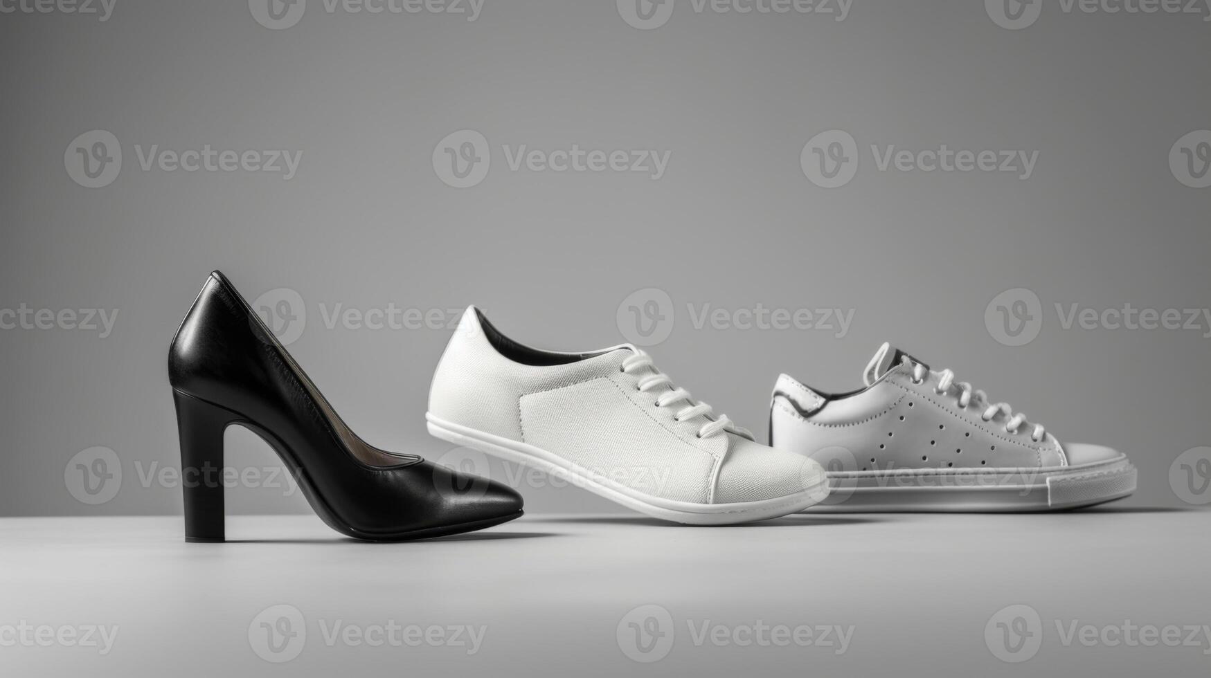 A sleek black high heel, a trendy white sneaker, and a fashionable white athletic shoe are arranged neatly on a clean, minimalist surface, highlighting contemporary shoe design photo