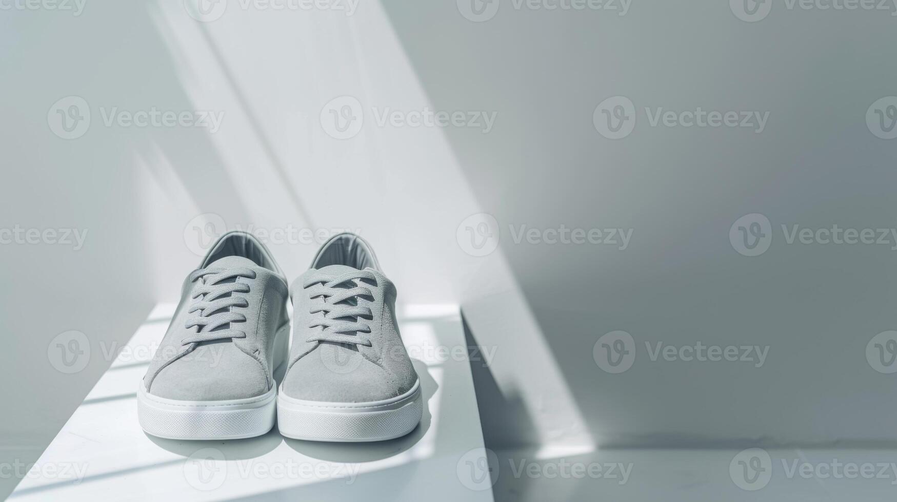 Two versatile men's travel shoes are neatly displayed on a pedestal, bathed in soft natural light. The shoes feature a modern design suitable for various activities photo