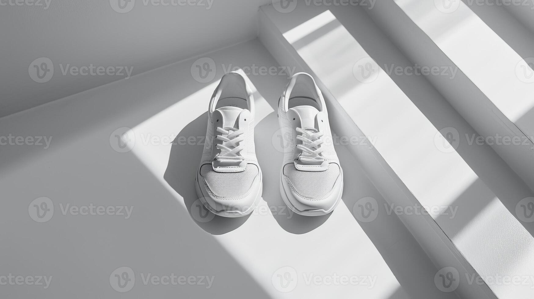A contemporary pair of white sneakers is positioned in the center of a bright space, emphasizing their sleek design against a soft, shadowed background photo