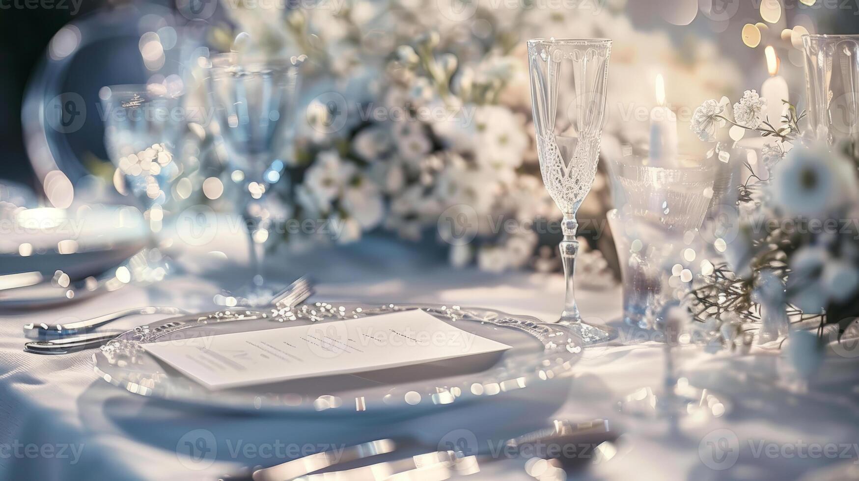 A beautifully arranged table awaits guests, complete with delicate glassware and fine china. Fresh flowers enhance the romantic atmosphere, illuminated by soft, glowing lights photo