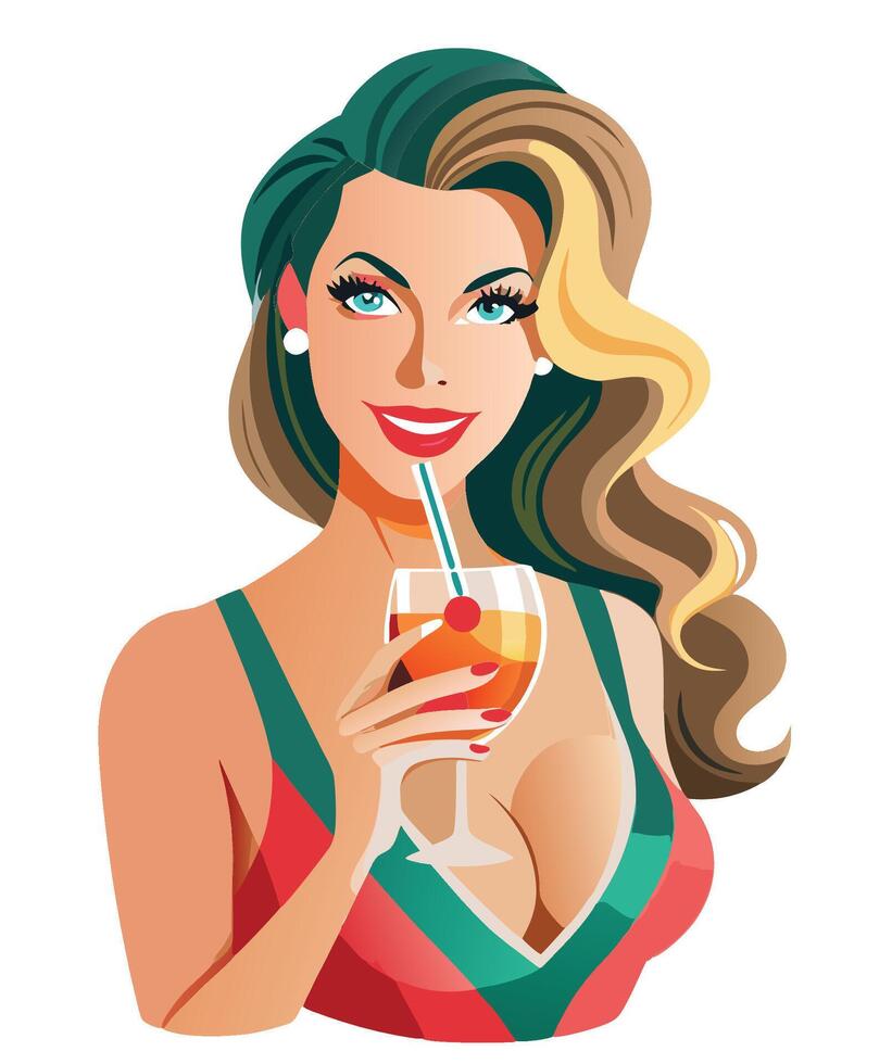 a beautiful woman sips an aperitif vector
