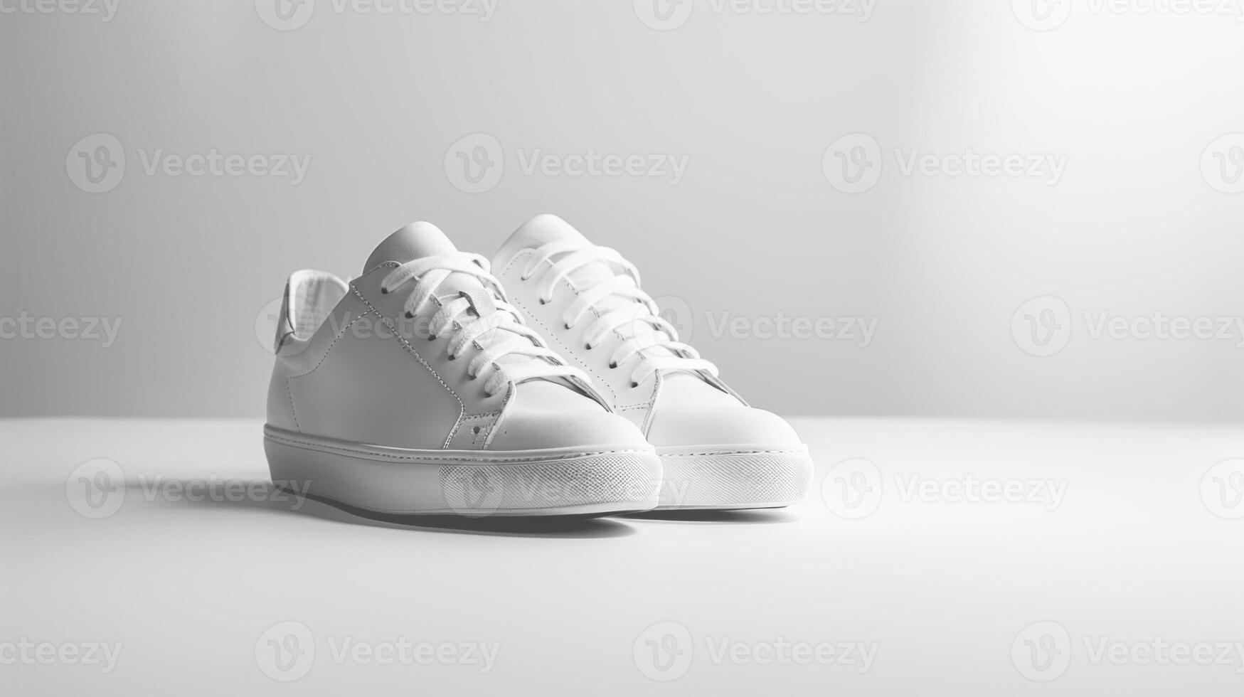 A stylish pair of all-white sneakers is showcased against a clean, light background in a contemporary studio. The design focuses on simplicity and elegance photo