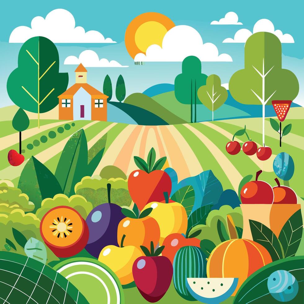 Fresh produce growing on farm with sun shining bright vector