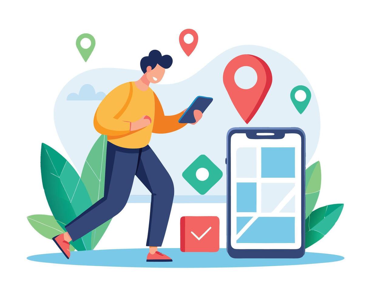 Man using mobile gps navigation app walking holding smartphone with map on screen vector