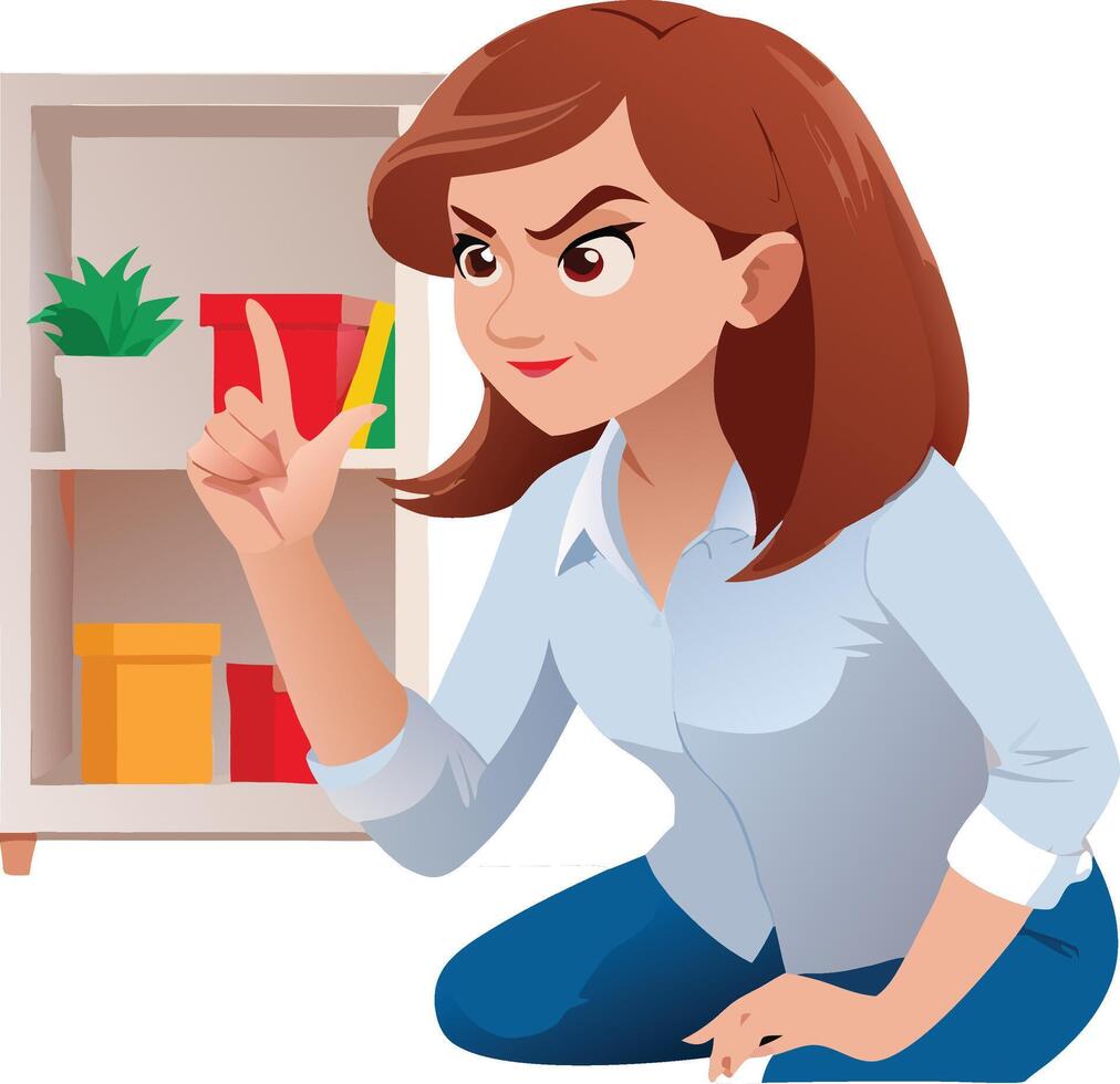 Woman scolding pointing her finger at object on shelf vector