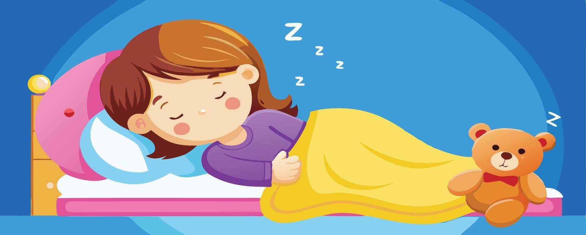 Little girl sleeping peacefully in her bed with teddy bear vector