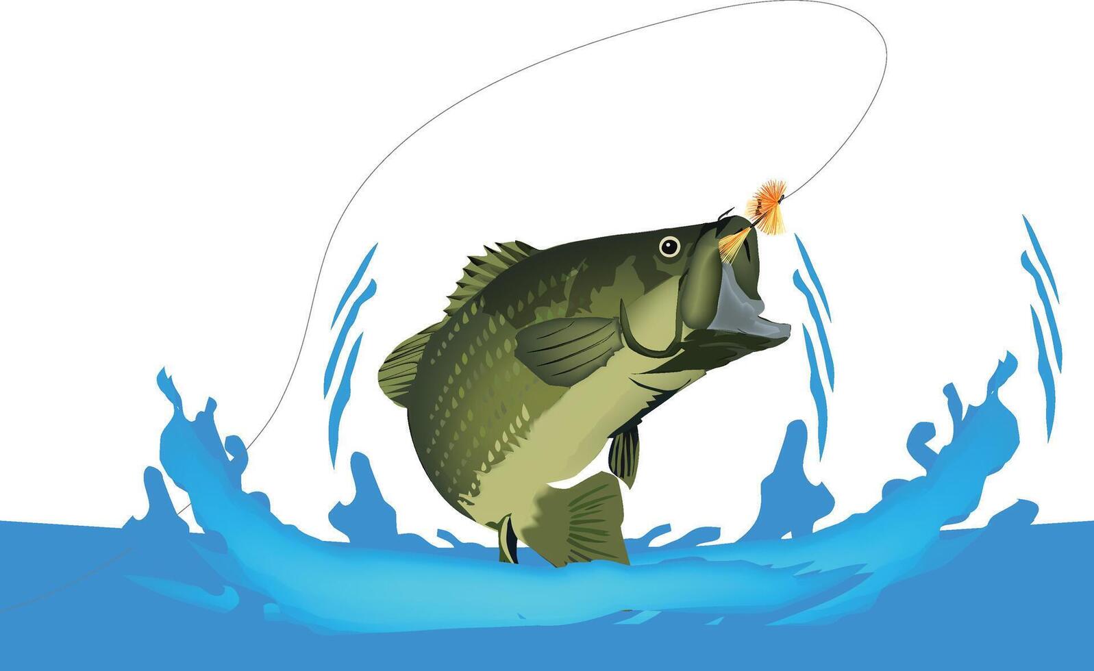 Largemouth bass jumping out of blue water fishing lure vector