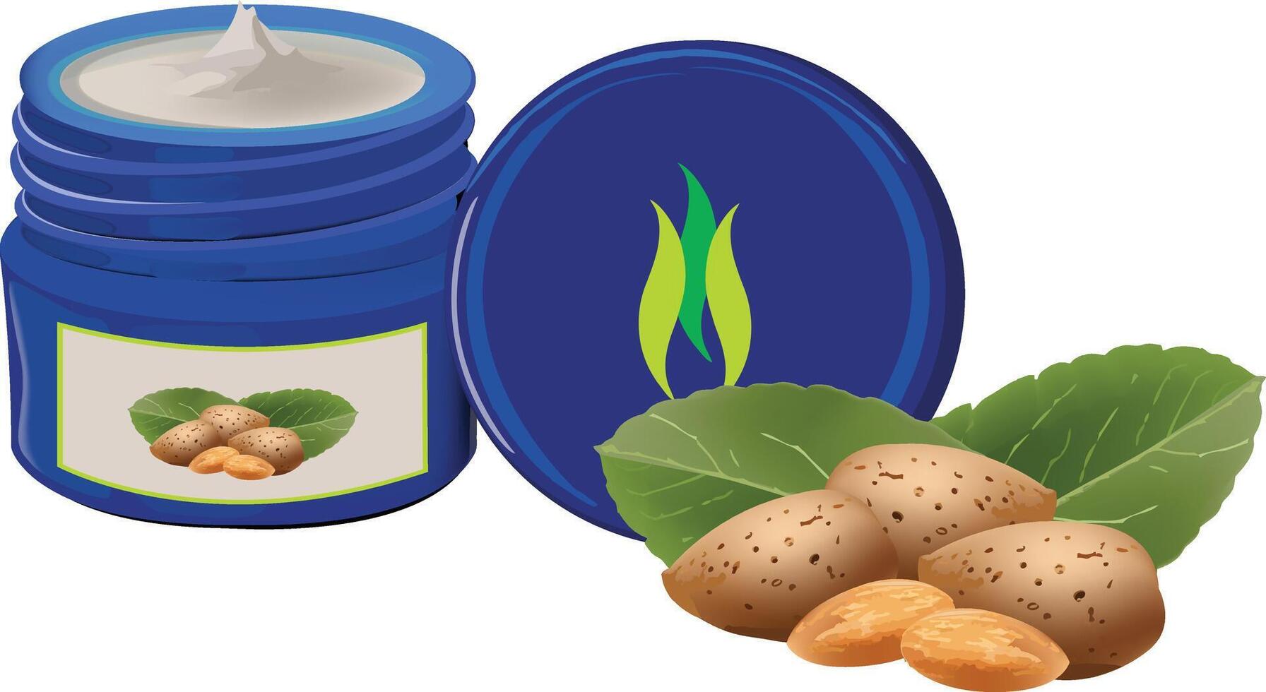 Blue jar of almond cream showing its natural ingredients vector