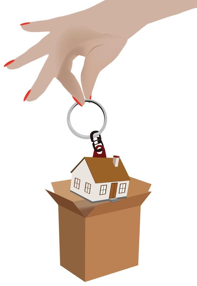 Woman holding keys of a new house for sale with a cardboard box vector