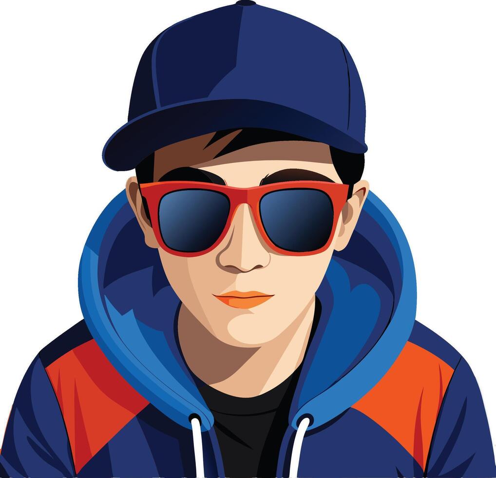 Young man wearing sunglasses and a cap is posing for a portrait vector