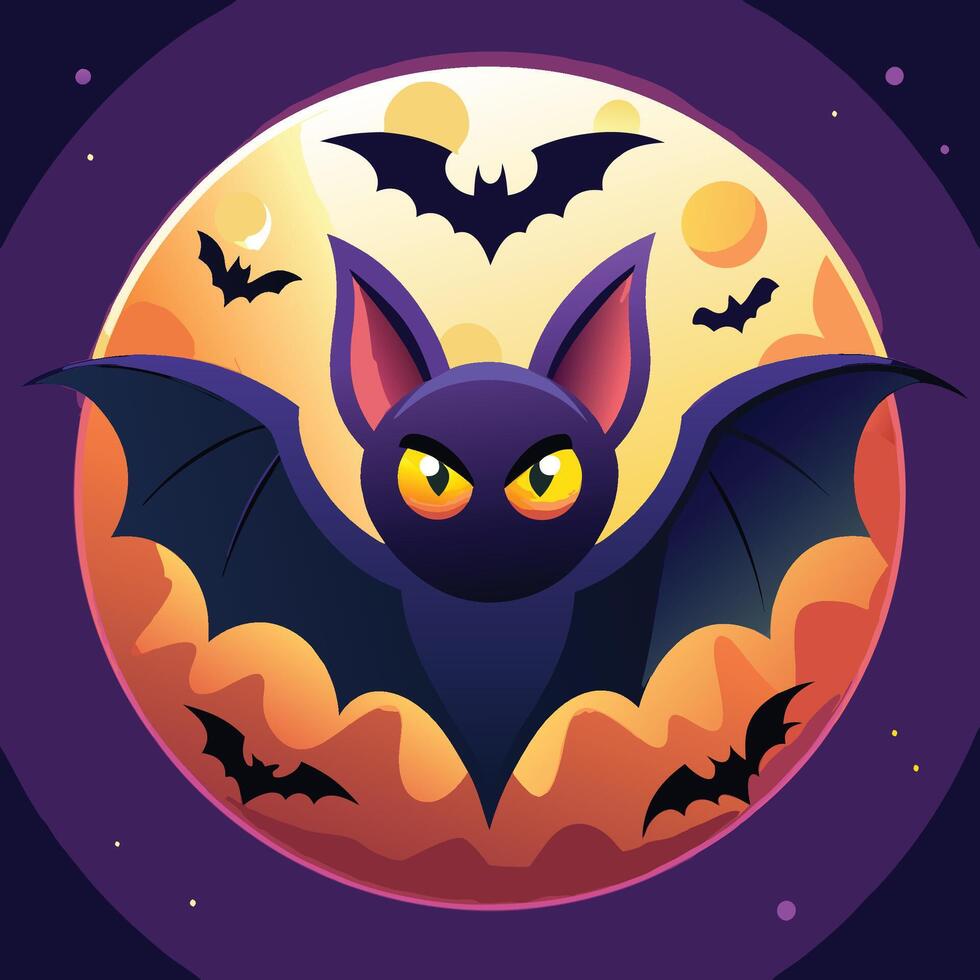 Scary purple cartoon bat flying in front of full moon halloween illustration vector