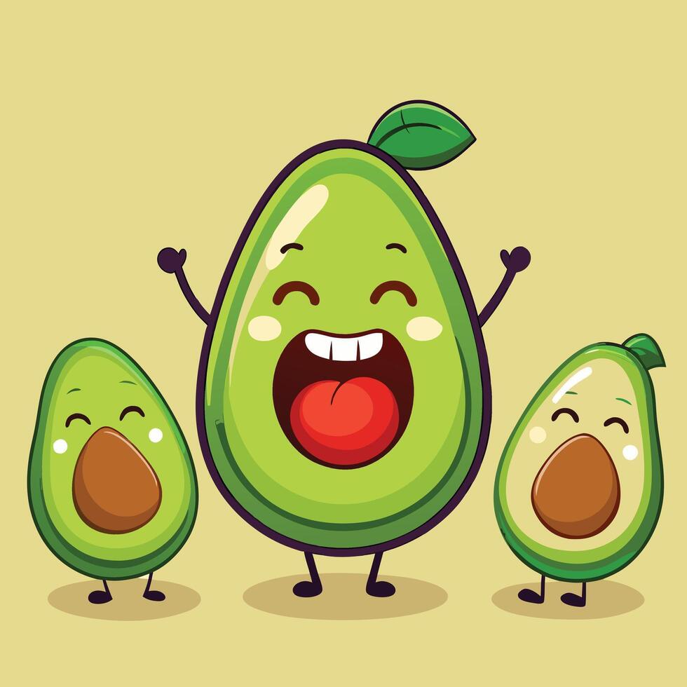 Three avocado characters with open mouths and eyes vector