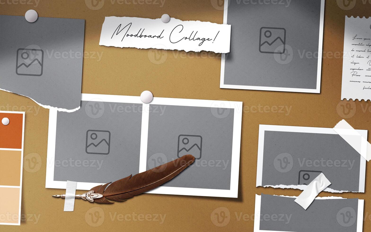 Moodboard template composition with blank photo cards, torn paper, polaroid frame glued mockup with yellow adhesive tape and isolated.