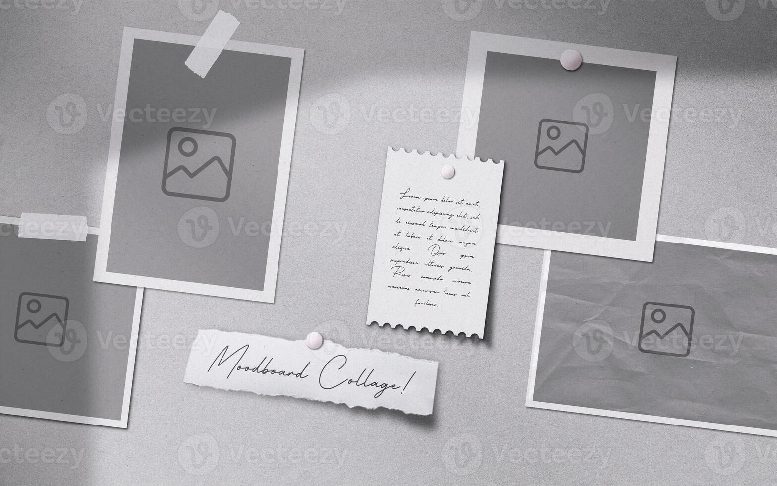 Moodboard template composition with blank photo cards, torn paper, polaroid frame glued mockup with yellow adhesive tape and isolated.