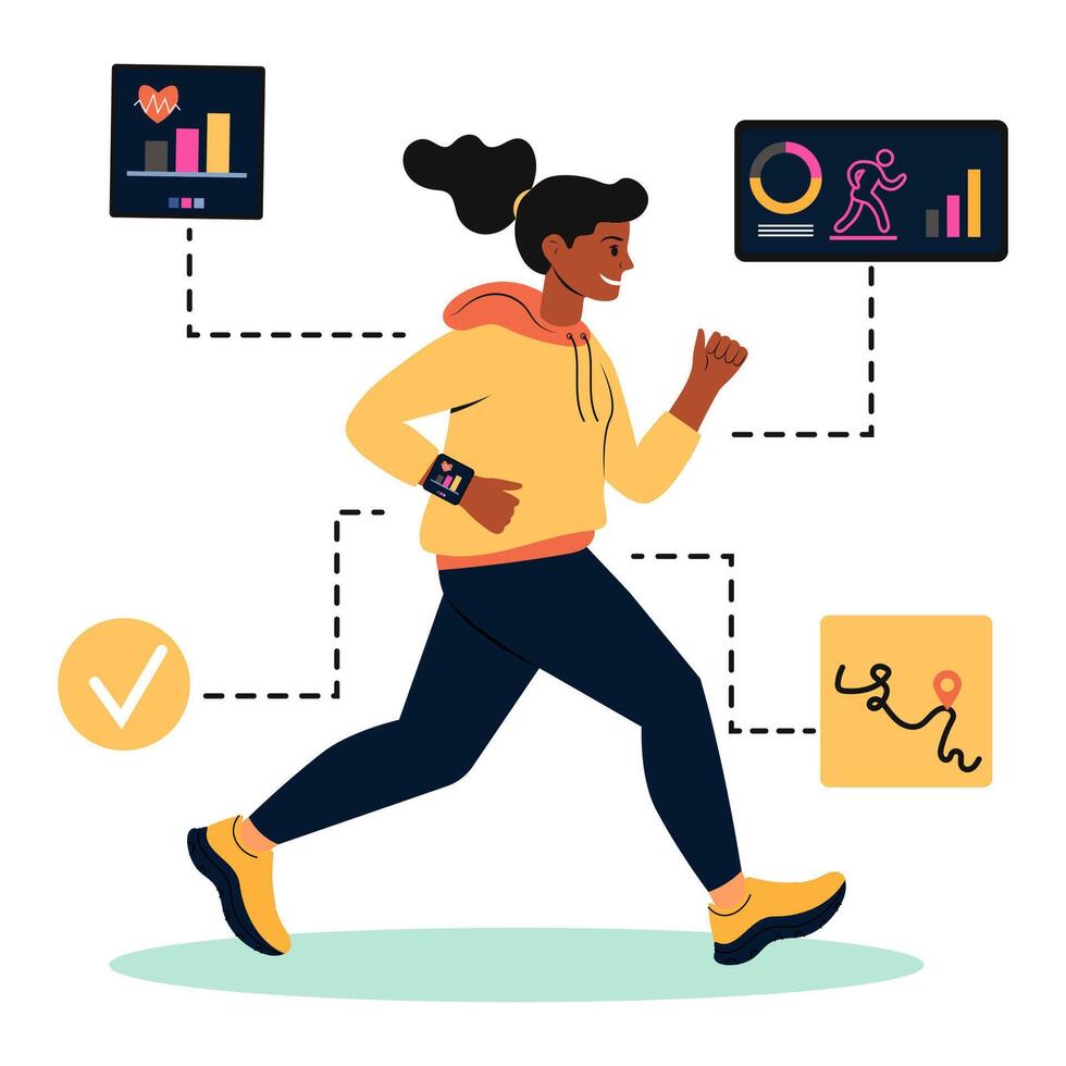 A young woman jogs while tracking her fitness progress with a smartwatch and health data displays vector
