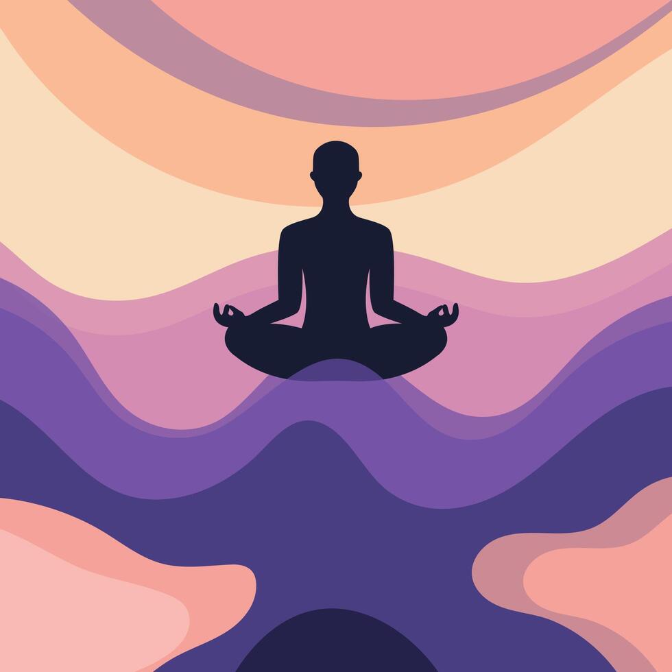 Silhouette of a person meditating against a tranquil abstract background during sunset vector