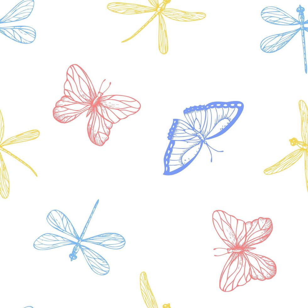 seamless pattern with butterflies and dragonflies. Hand painted linear insects. Graphic clipart isolated on background. Botanical and wedding illustration. For designers, invitations vector