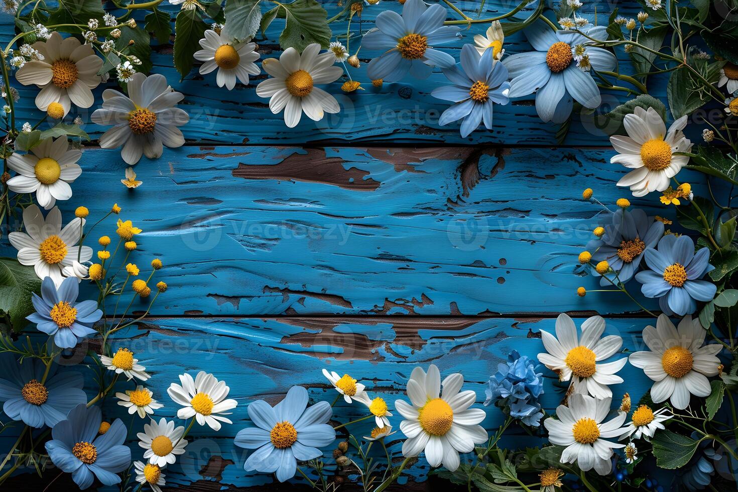 Spring Floral Arrangement on Rustic Blue Wooden Background - Perfect for Seasonal Design, Posters, and Greetings photo