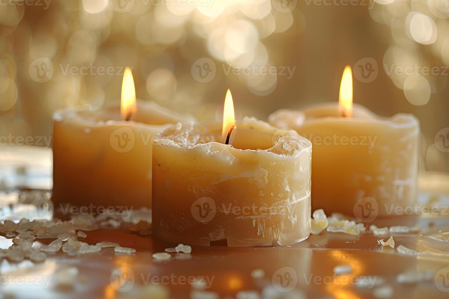 Tranquil Candlelight Ambiance with Three Burning Candles and Soft Bokeh Background - Ideal for Relaxation and Meditation. photo