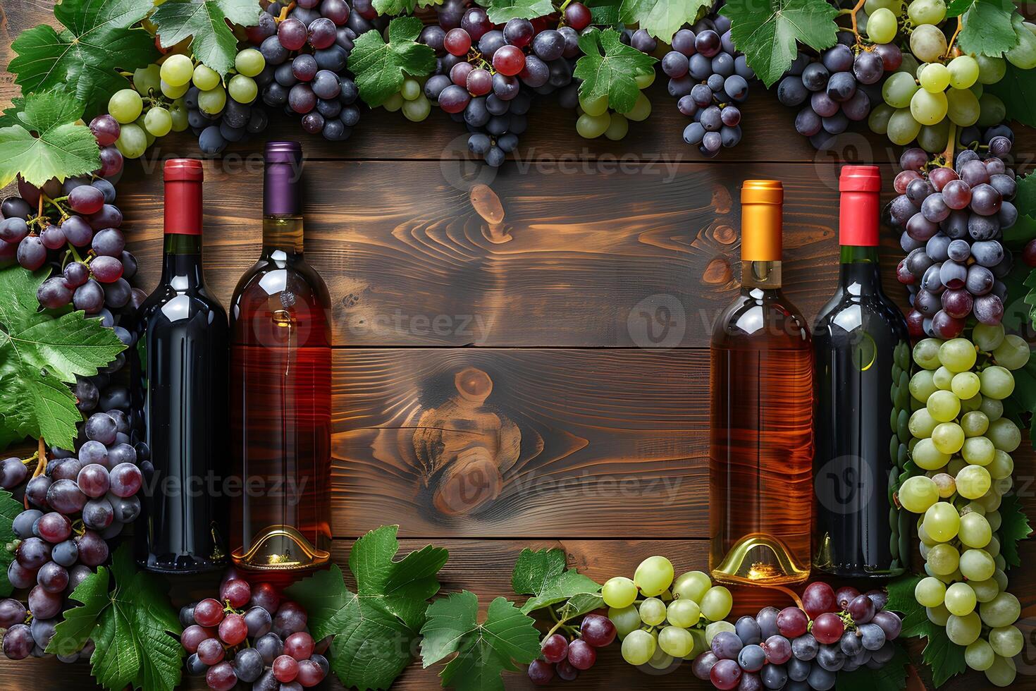 Colorful Wine Collection with Assorted Grapes on Wooden Background - Perfect for Wine Lovers, Celebrations, and Advertising photo