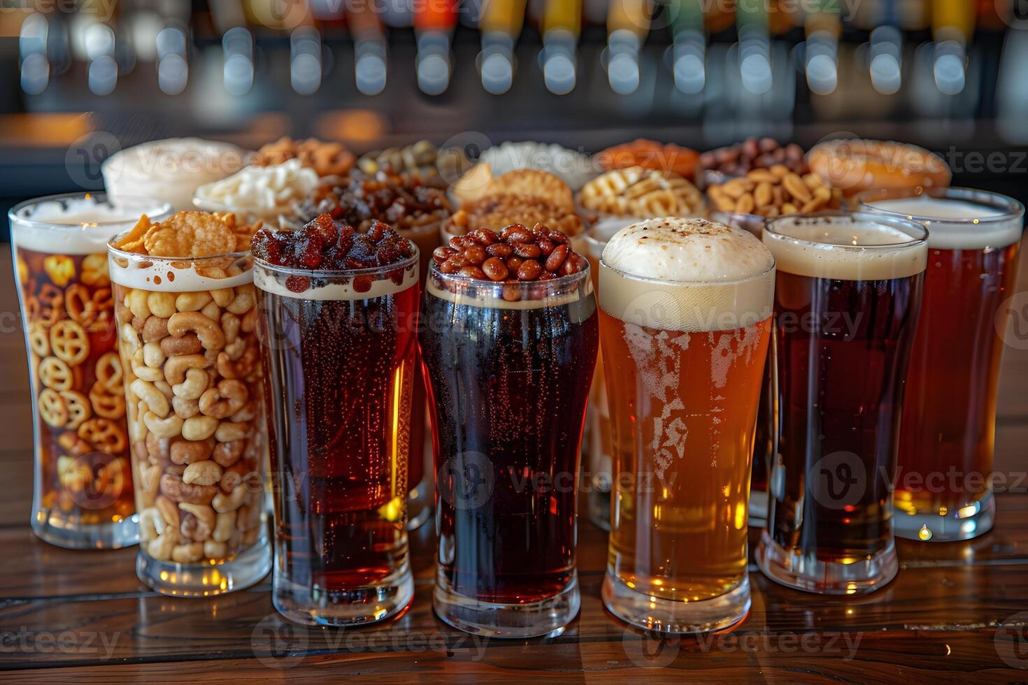 Assorted Beers and Snack Pairings in a Pub Setting - Ideal for Bars, Restaurants, and Social Gatherings photo