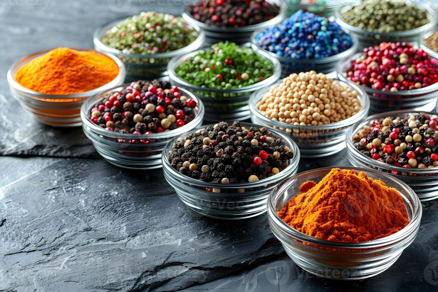 Assorted Spices in Glass Bowls on Slate Surface - Culinary Ingredients for Cooking, Design for Print, Poster photo