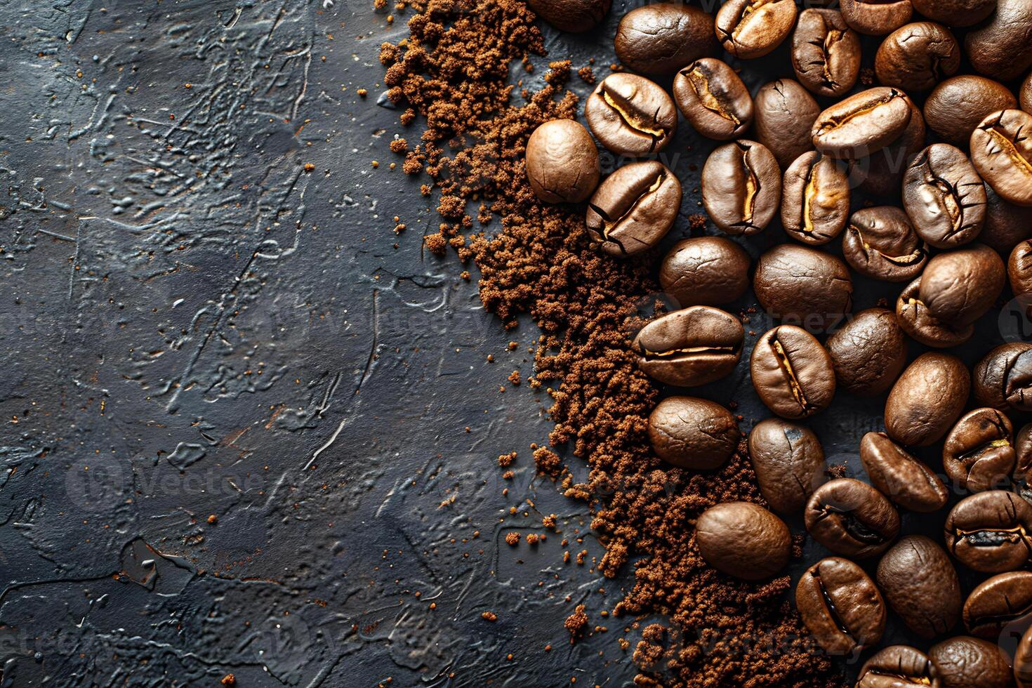 Aromatic Coffee Beans and Ground Coffee on Dark Textured Background for Cafes and Print Designs photo