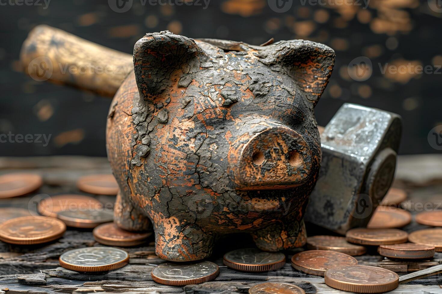 Distressed Piggy Bank with Hammer and Coins - Concept of Financial Hardship, Savings, and Economy Crisis photo