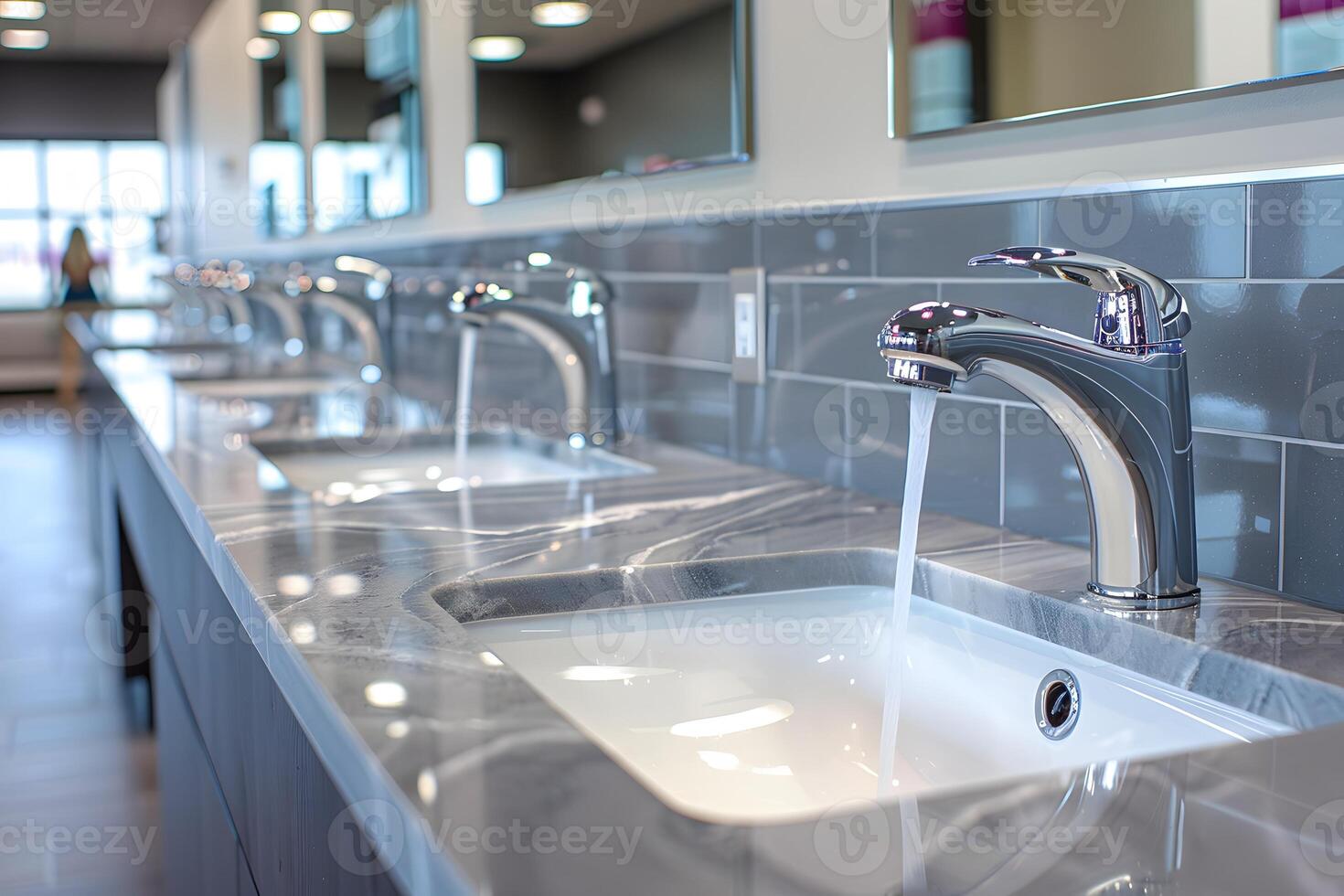 Modern Public Restroom with Marble Countertop and Chrome Faucets Perfect for Interior Design and Architecture Projects photo