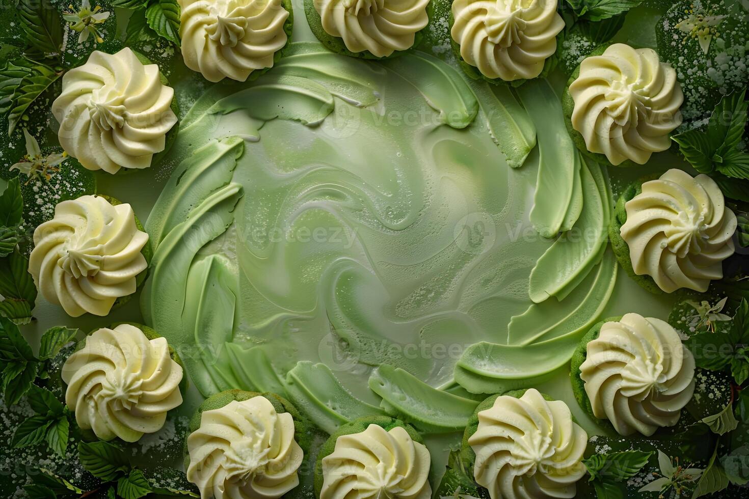 Elegant Green Tea Mousse Cake with Floral Whipped Cream Swirls for Dessert and Party Celebrations photo