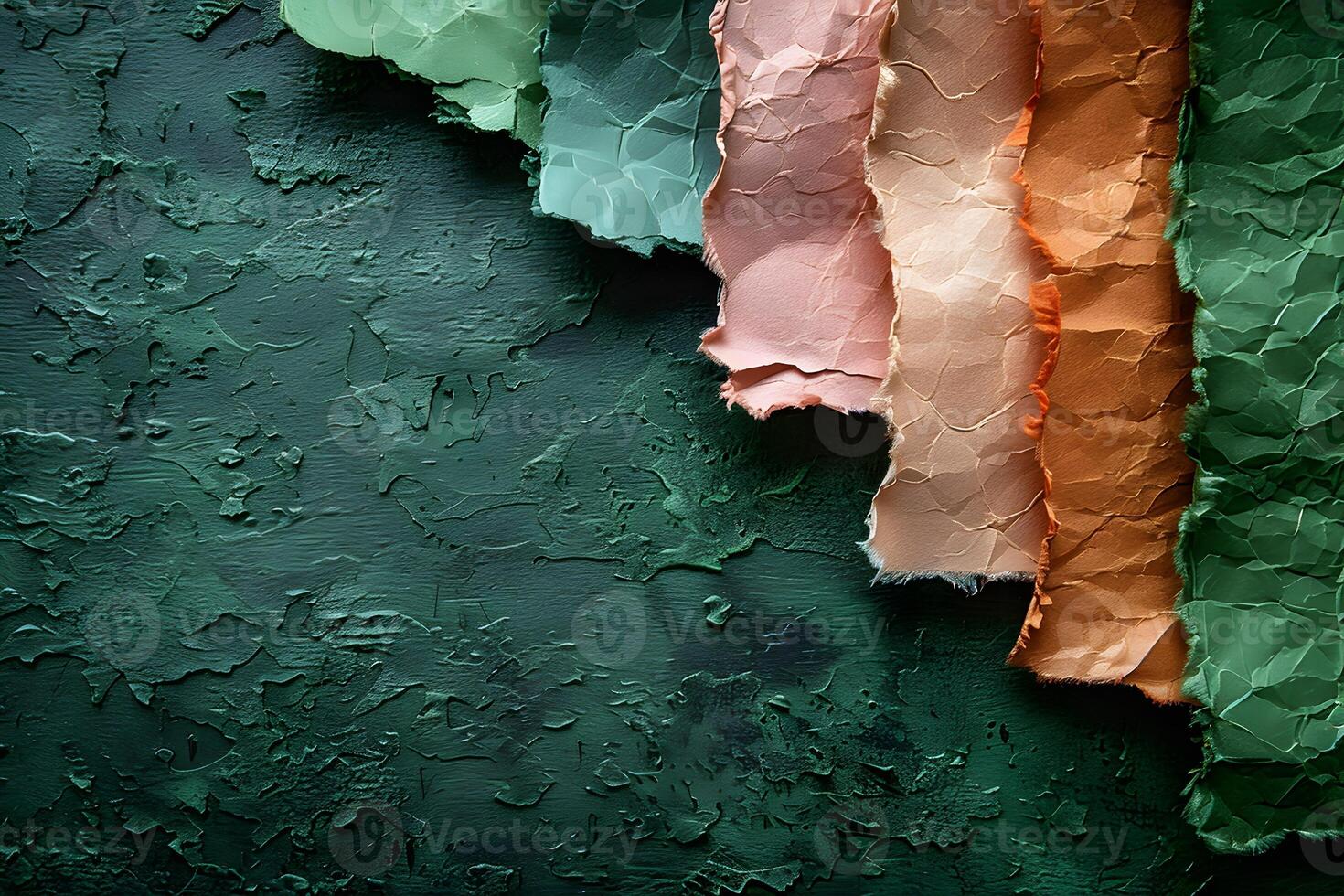 Elegant Torn Texture Art Featuring Green, Peach, and Orange Paper Over Rustic Green Backdrop - Perfect for Artistic Designs and Backgrounds photo
