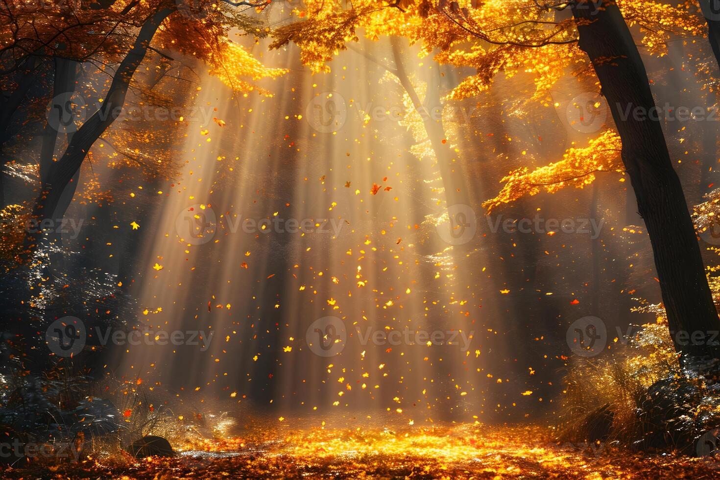 Sunlit Autumn Forest with Falling Leaves and Golden Glow for Seasonal Nature Photography photo