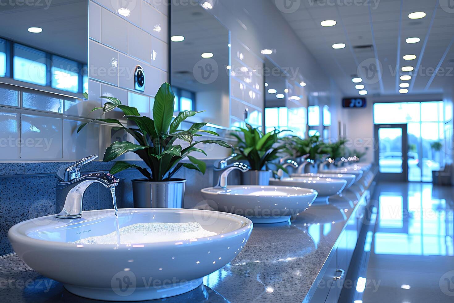 Modern Clean Public Restroom with Stylish Sinks and Green Plants - Ideal for Commercial Design and Hygiene Concepts photo