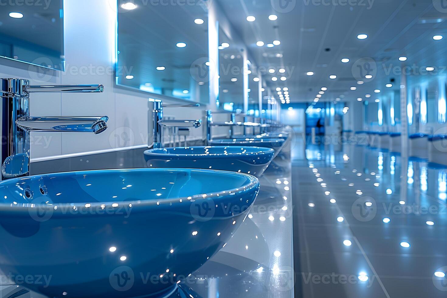 Modern Public Restroom with Sleek Blue Basins and Contemporary Fixtures for Design Inspirations photo