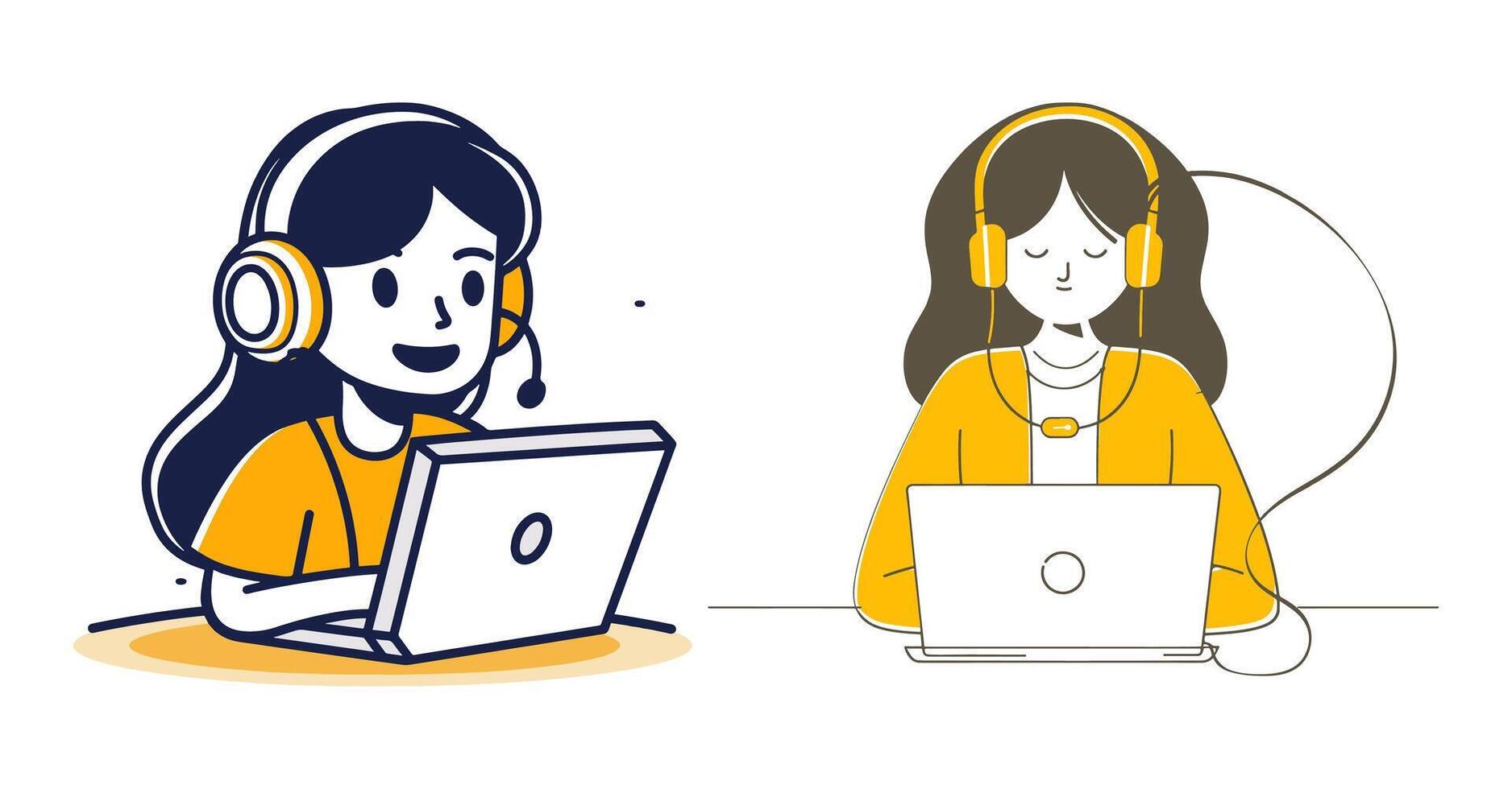 a girl wearing headphones and working on a laptop vector