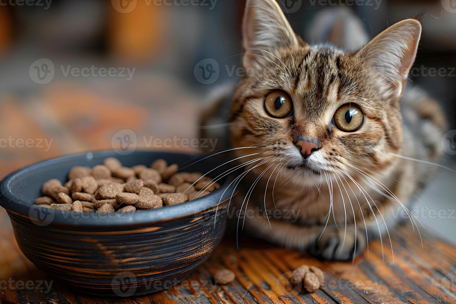 Adorable Tabby Cat with Big Eyes Next to Full Bowl of Cat Food - Perfect for Pet-themed Designs and Marketing photo