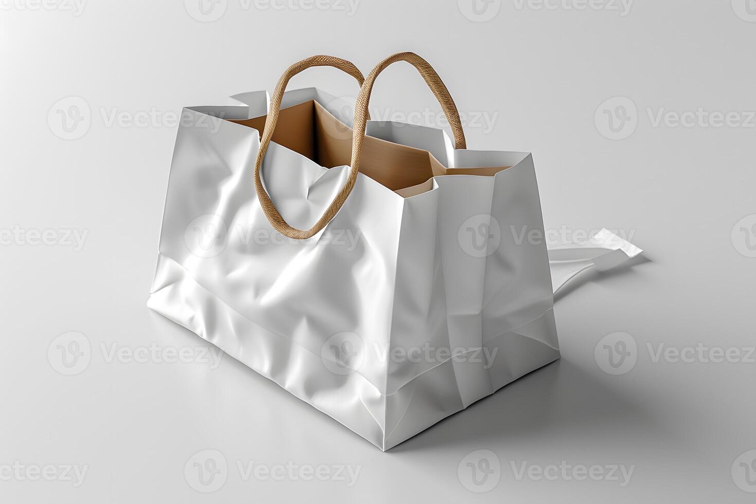 White Paper Shopping Bag with Twisted Rope Handles on Minimalist Background for Retail and Packaging Design photo