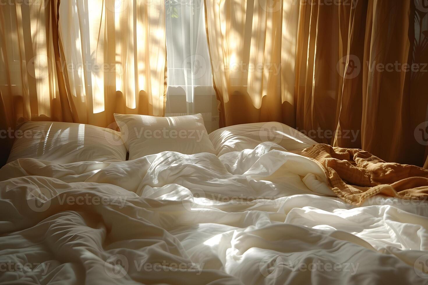 Cozy Morning Sunlight in Bed with Pillows and Soft Blankets - Comfort, Relaxation, and Serene Home Interior Scene photo