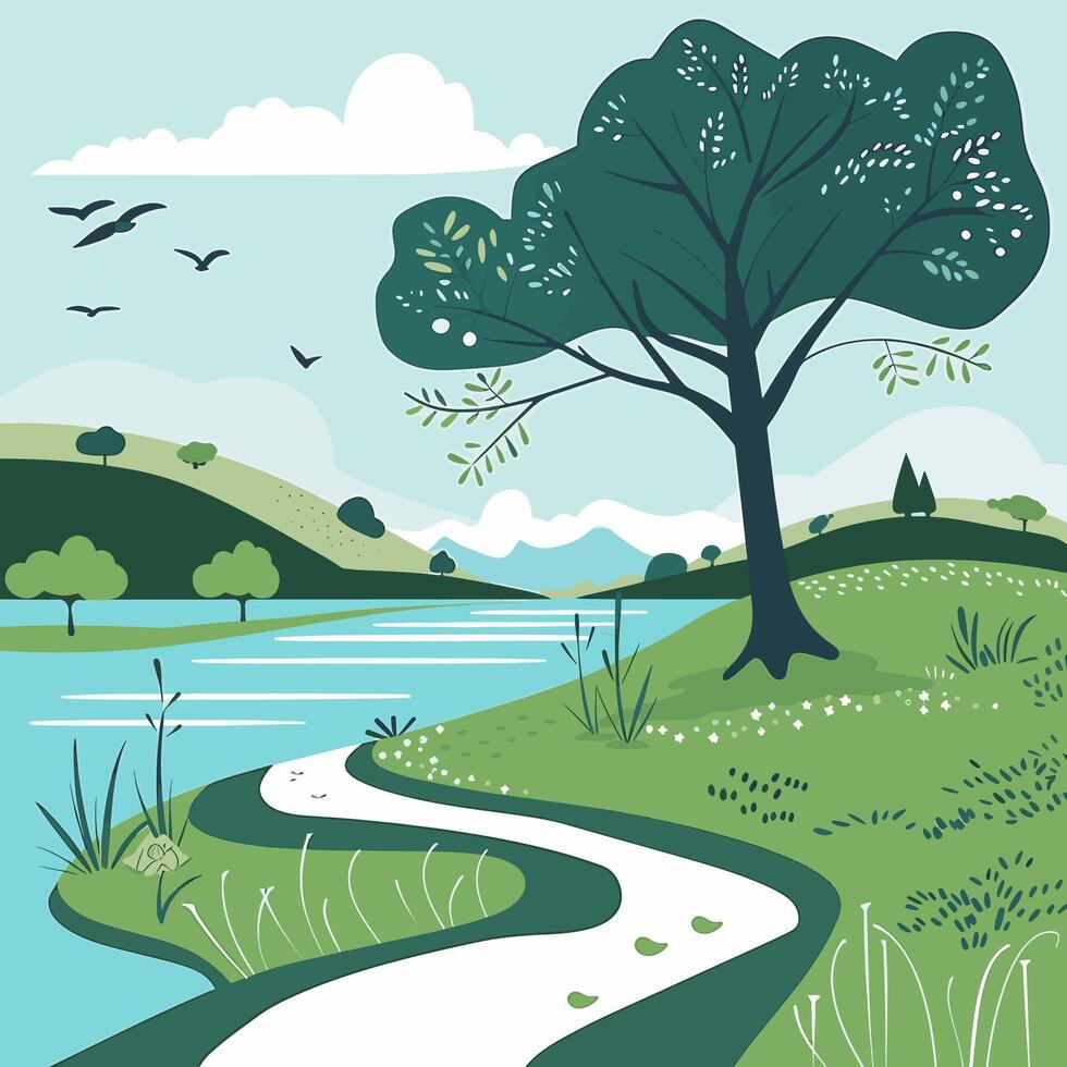 illustration of a tree, lake vector